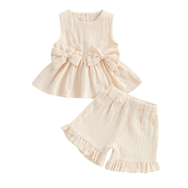 Baby Toddler Kids Girl 2Pcs Summer Clothes Solid Color Bow Round Neck Tank Top + Elastic Waist Ruffled Shorts Set