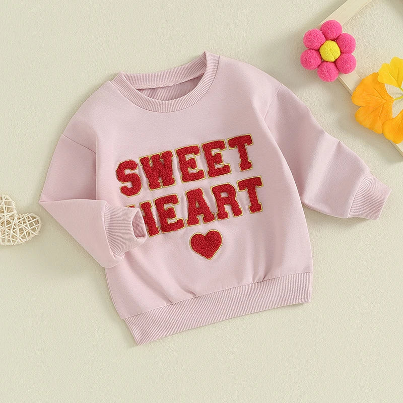 Baby Toddler Girls Valentine's Day Sweet Heart Letters Long Sleeve O-neck Embroidery Pullover Top