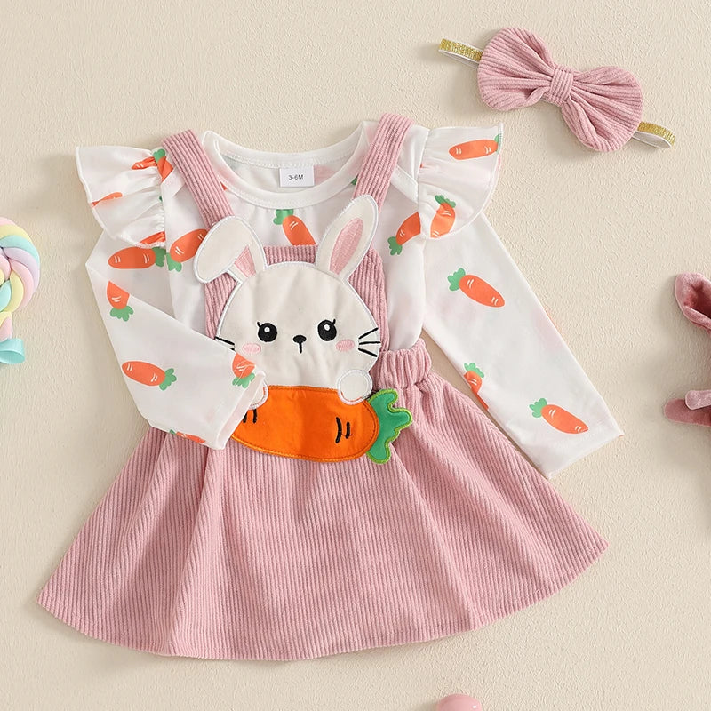 Baby Girls 3Pcs Easter Outfit Long Sleeve Carrot Print Romper Bunny Rabbit Carrot Embroidery Suspender Skirt Dress Headband Bow Set