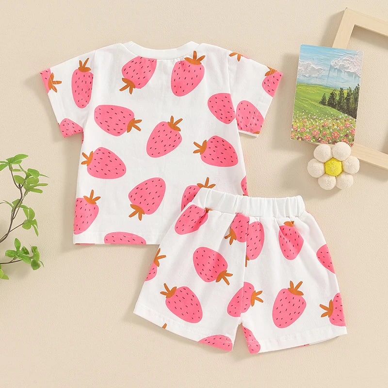 Baby Toddler Girls 2Pcs Outfit Strawberry Print Short Sleeve Top and Elastic Shorts Set Cute Summer Clothes