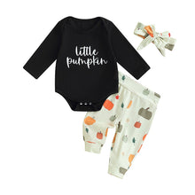Load image into Gallery viewer, Baby Girls 3Pcs My First Halloween Outfit Little Pumpkin Prints Long Sleeves Romper Pumpkin Pants Headband
