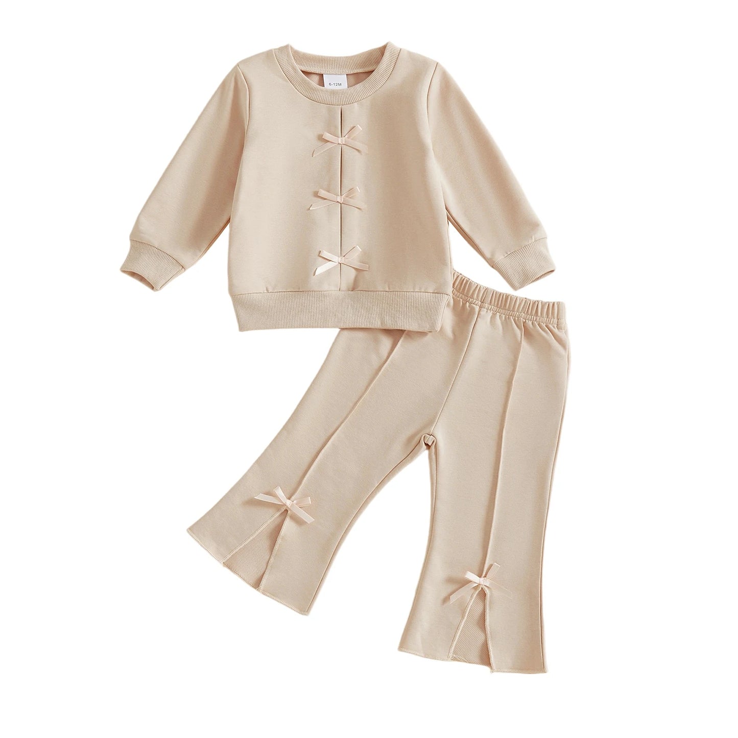Baby Toddler Girl 2Pcs Fall Outfit Bow Decor Long Sleeve Round Neck Pullover Top + Elastic Waist Flare Pants 2Pcs Set