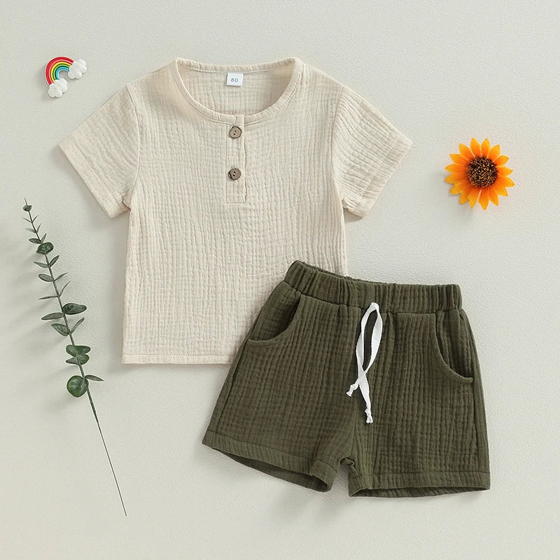 Toddler Baby Boy Girl 2Pcs Clothes Cotton Linen Outfit Short Sleeve T-Shirt Top Shorts 2Pcs Summer Set