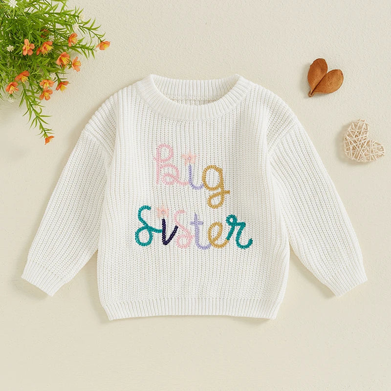 Baby Toddler Kids Girls Big Sister Fall Winter Sweater Casual Letter Flower Embroidery Crew Neck Long Sleeve Pullover Top