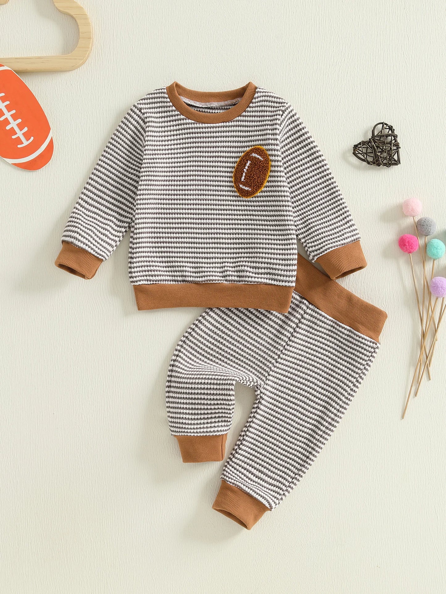 Baby Toddler Boys 2Pcs Autumn Long Sleeve O Neck Football Embroidery Top Striped Pants Jogger Set