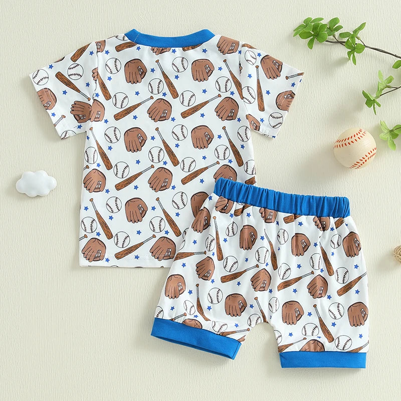 Baby Toddler Boys 2Pcs Baseball Print Outfit Short Sleeve T-shirt Top Elastic Waist Shorts Summer Set