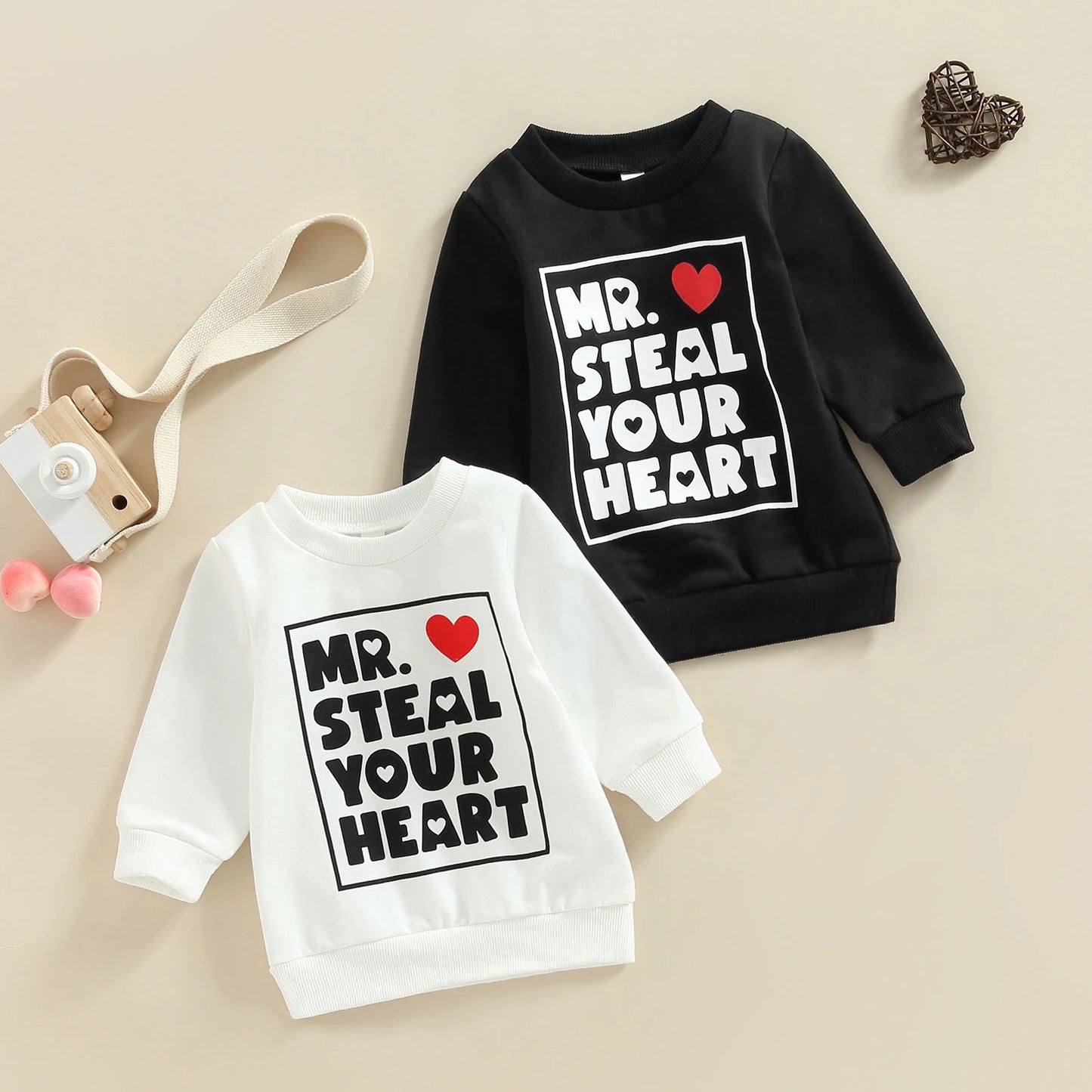 Baby Toddler Kids Boy Valentine's day Long Sleeve Mr. Steal Your Heart Letter Print Pullover Tops