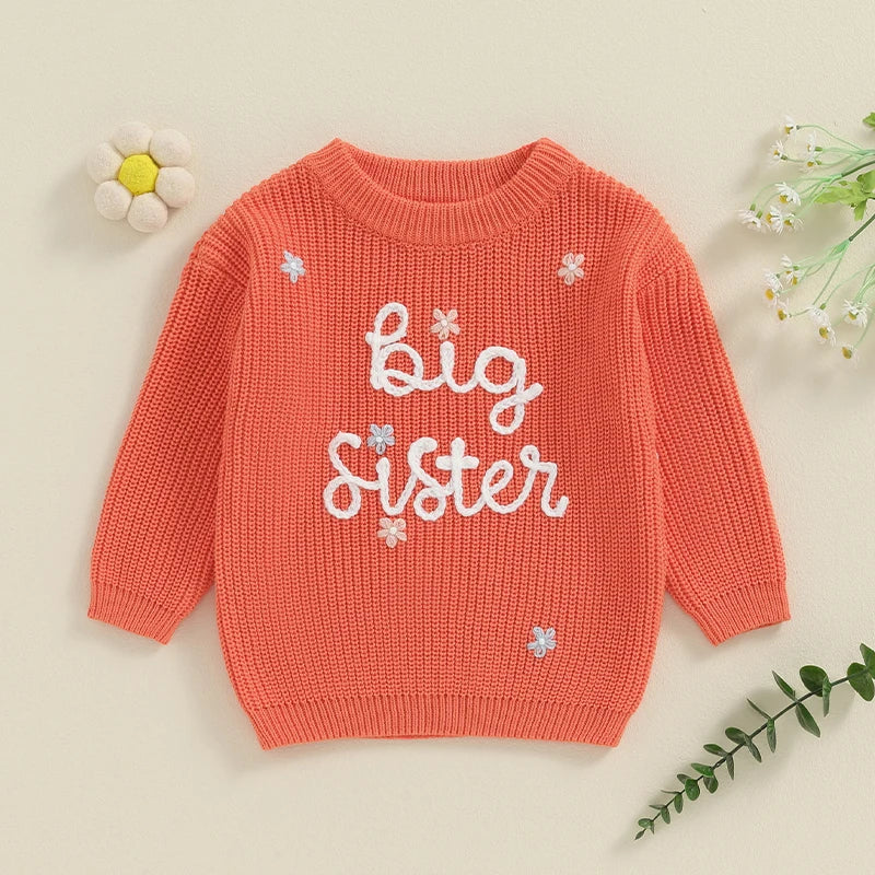 Toddler Kids Girl Big Sister Sweater Cute Long Sleeve Letter Embroidery Knit Pullover Loose Top