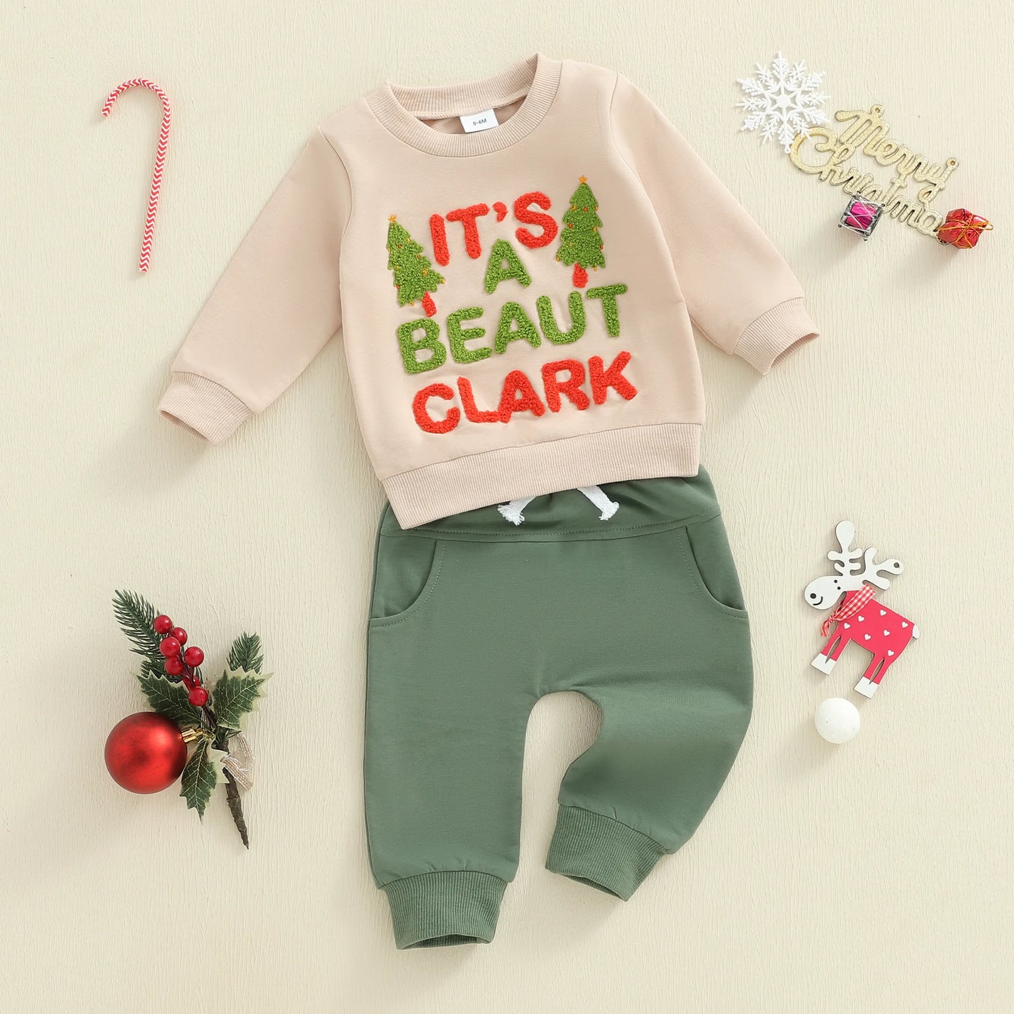 Baby Toddler Boys 2Pcs Christmas It's A Beaut Clark Outfits Long Sleeve Crew Neck Letter Embroidery Top and Elastic Waist Pants Jogger Set