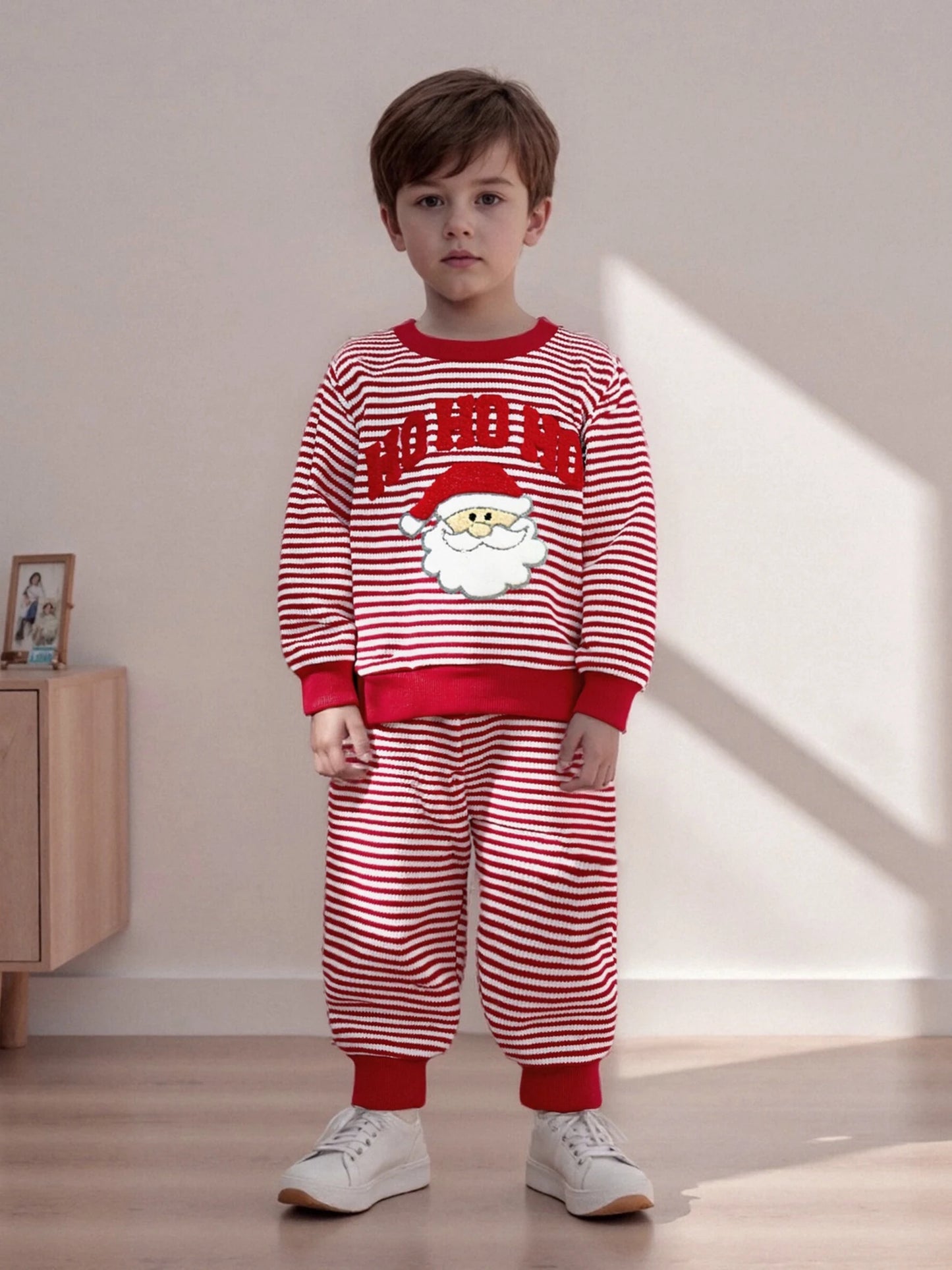 Baby Toddler Boys Girls 2Pcs Ho Ho Ho Christmas Striped Jogger Set Fashionable Long Sleeve Santa Claus Embroidery Pullover Top with Pants 2 Pcs Outfit