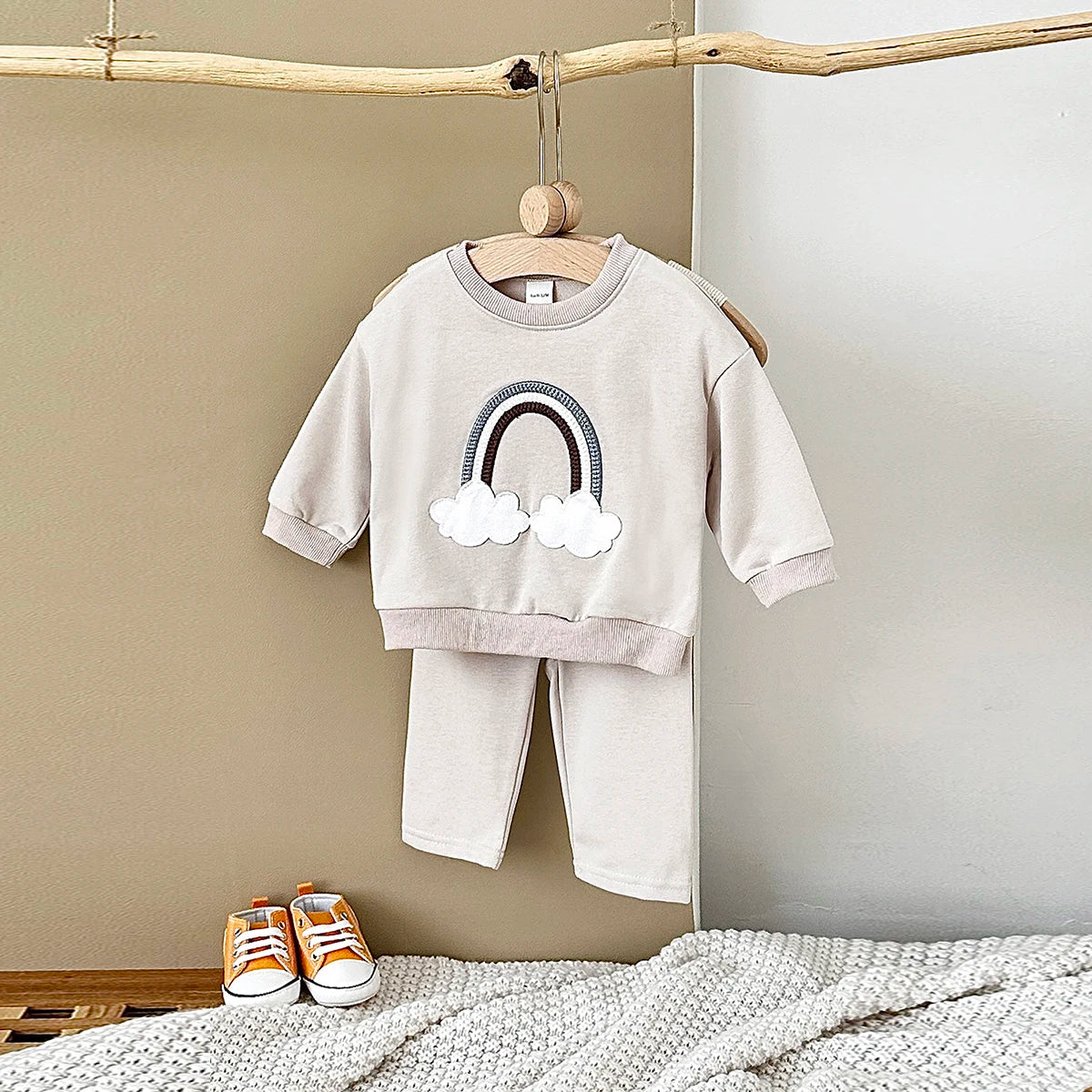 Baby Toddler Boys Girls 2Pcs Rainbow Embroidery Jogger Set Fall Long Sleeve Top + Pants Outfit