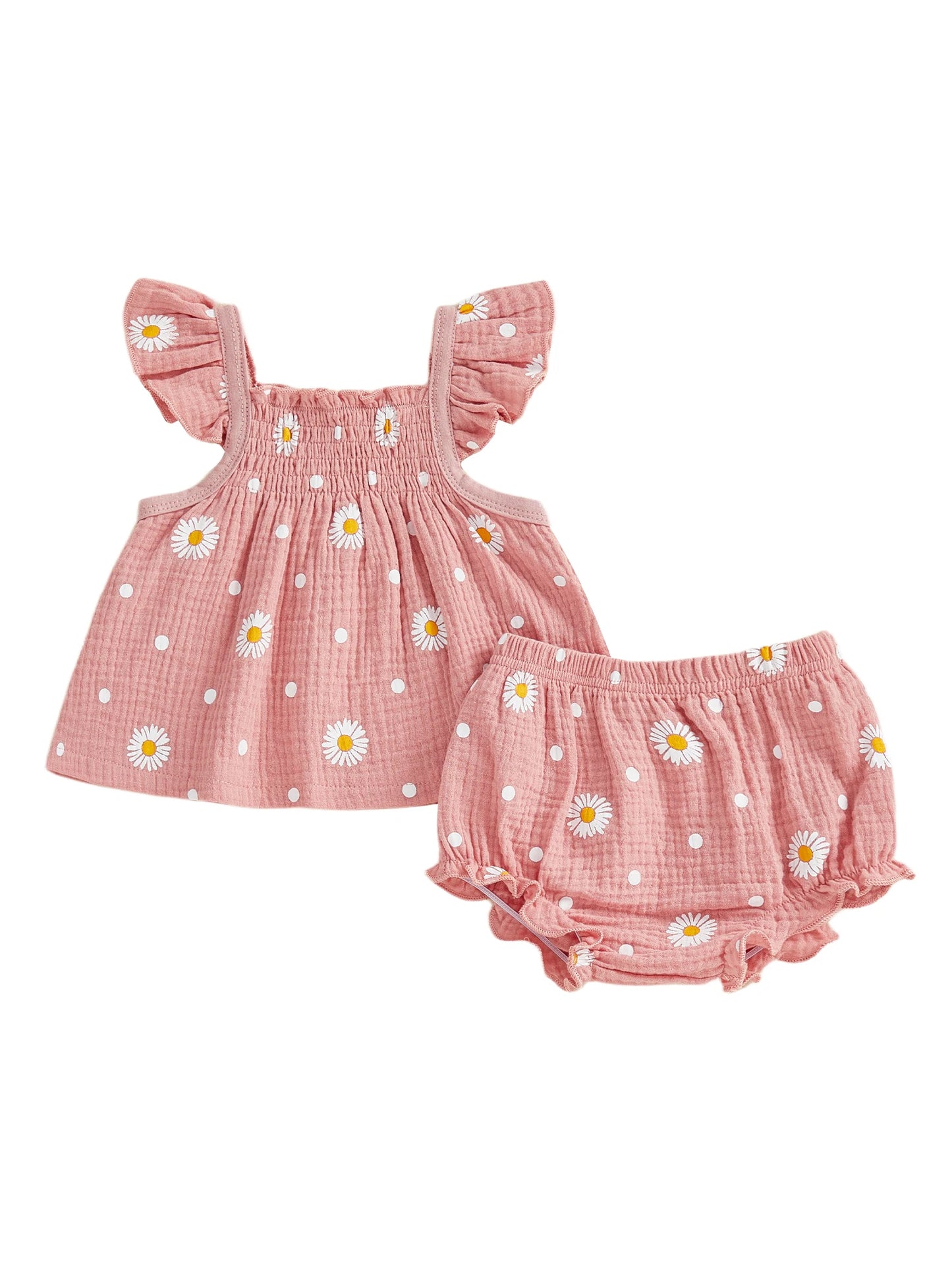 Baby Toddler Girls 2Pcs Summer Outfit Sleeveless Square Collar Daisy Print Ruffled Top and Bloomers Shorts 2 Piece Set
