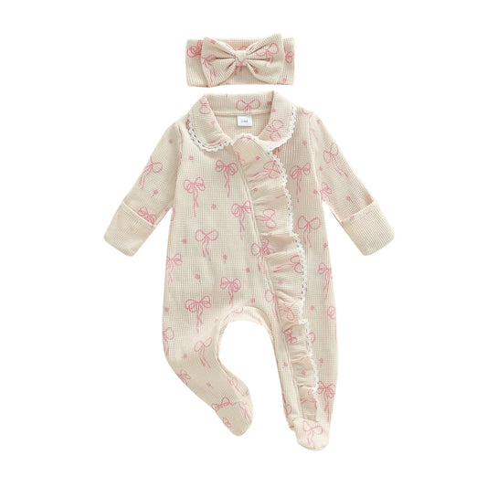 Baby Girl 2Pcs Romper Waffled Bow Print Long Sleeve Zip Up Footed Jumpsuit with Headband Set