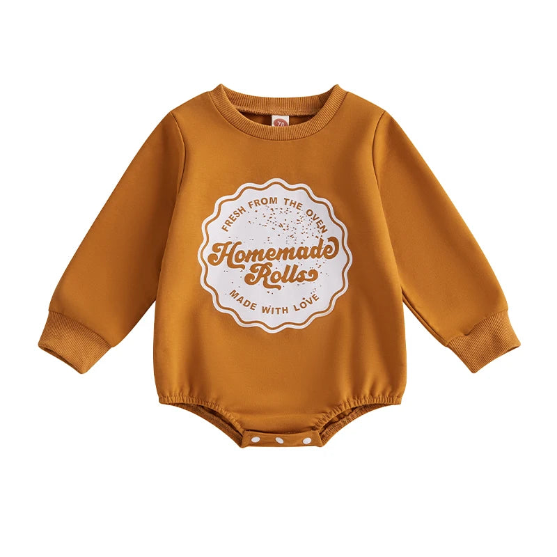 Baby Girls Boys Homemade Rolls Bubble Romper Thanksgiving Letter Print Long Sleeve Fall Bodysuit