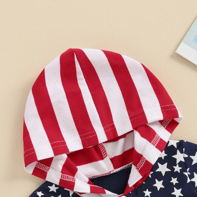 Toddler Baby Boy Girl 2Pcs 4th of July Outfit Short Sleeve Stars and Stripes Flag Print Hooded Top + Shorts Set Clothes