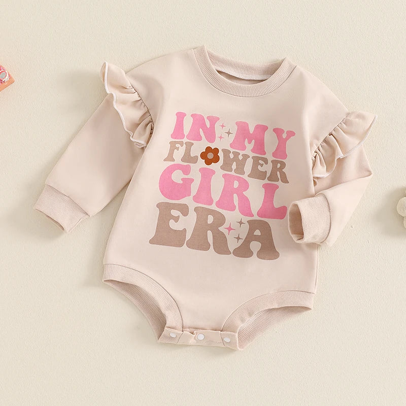 Baby Girls In My Flower Girl Era Romper Long Ruffle Sleeve Crew Neck Letters Print Bodysuit