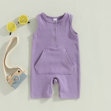 Load image into Gallery viewer, Baby Boy Summer Jumpsuit Tank Top Crew Neck Button Down Solid Pocket Ribbed Romper
