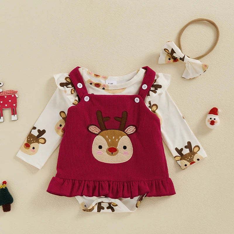 Baby Girls 3Pcs Christmas Outfit Reindeer / Gingerbread Man Print Romper Corduroy Overalls Dress Headband Bow Set