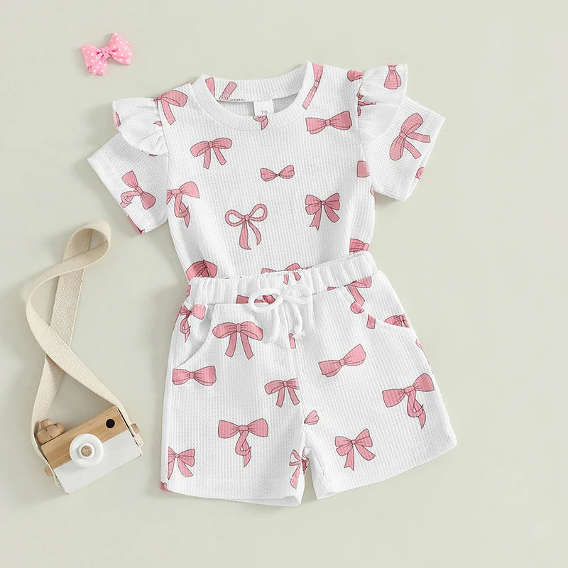 Baby Toddler Girls 2Pcs Summer Clothes Bow Print Short Frill Sleeve O-Neck T-Shirt Top with Elastic Waist Shorts Set Outfit