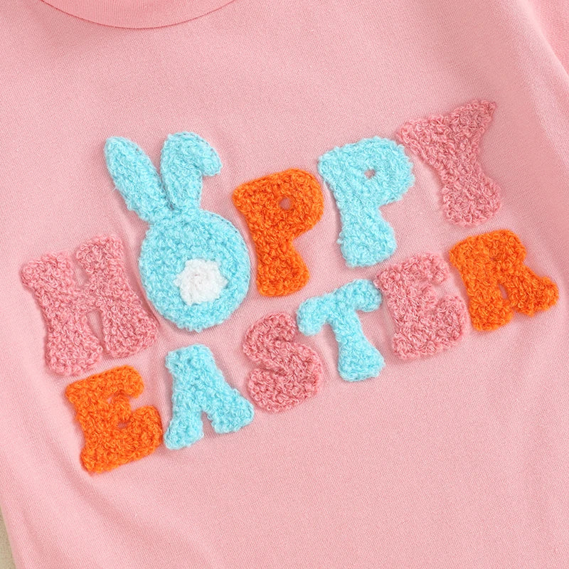 Toddler Baby Boy Girl 2Pcs Easter Outfit Short Sleeve Hoppy Easter T-Shirt Bunny Ears Print Top Set Elastic Waist Shorts