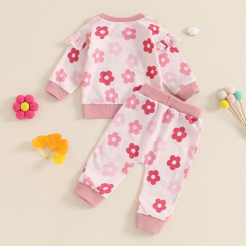 Baby Toddler Girls 2Pcs Fall Outfit Floral Flower Print Flying Sleeve Round Neck Pullover Top with Elastic Waist Pants Set