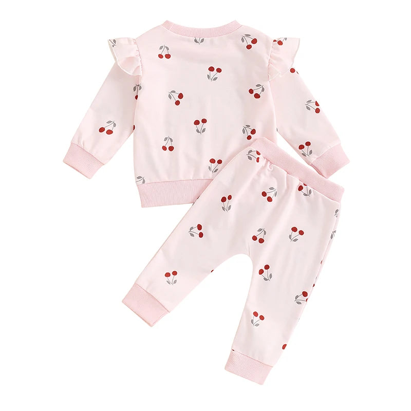 Baby Toddler Girls 2Pcs Fall Outfit Cherry Print Round Neck Long Sleeve Top Elastic Waist Pants Set