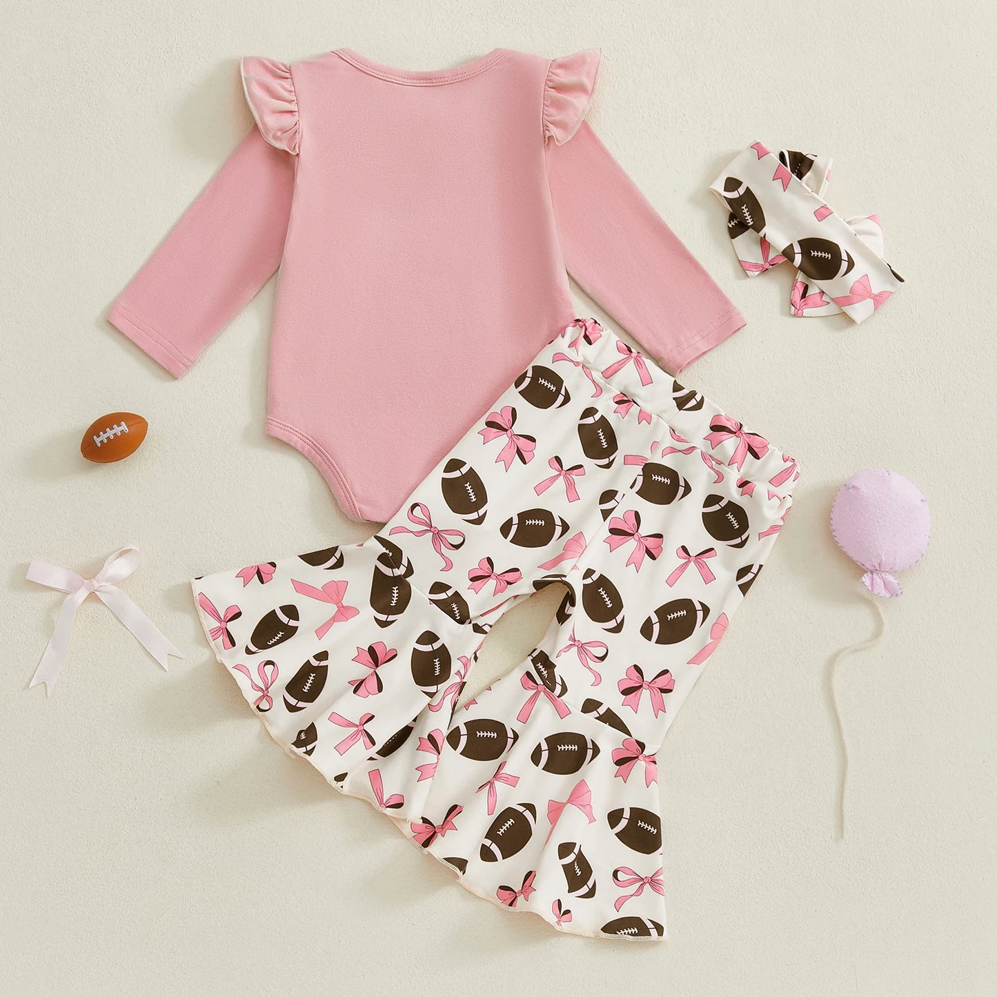 Baby Girls 3Pcs Game Day Fall Outfit Football Print Long Sleeves Romper and Elastic Flared Pants Headband Set Cute Clothes