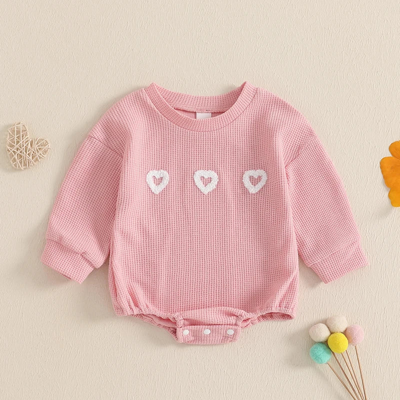 Baby Toddler Girls Waffle Romper Heart Valentines Embroidery Long Sleeve Jumpsuits Valentine's Day