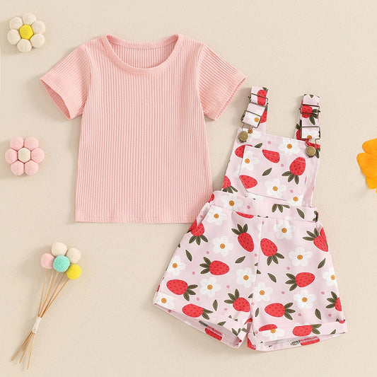 Toddler Kids Girls 2Pcs Summer Outfit Solid Color Ribbed Short Sleeve Top and Flower Strawberry Print Suspender Shorts Overalls Set