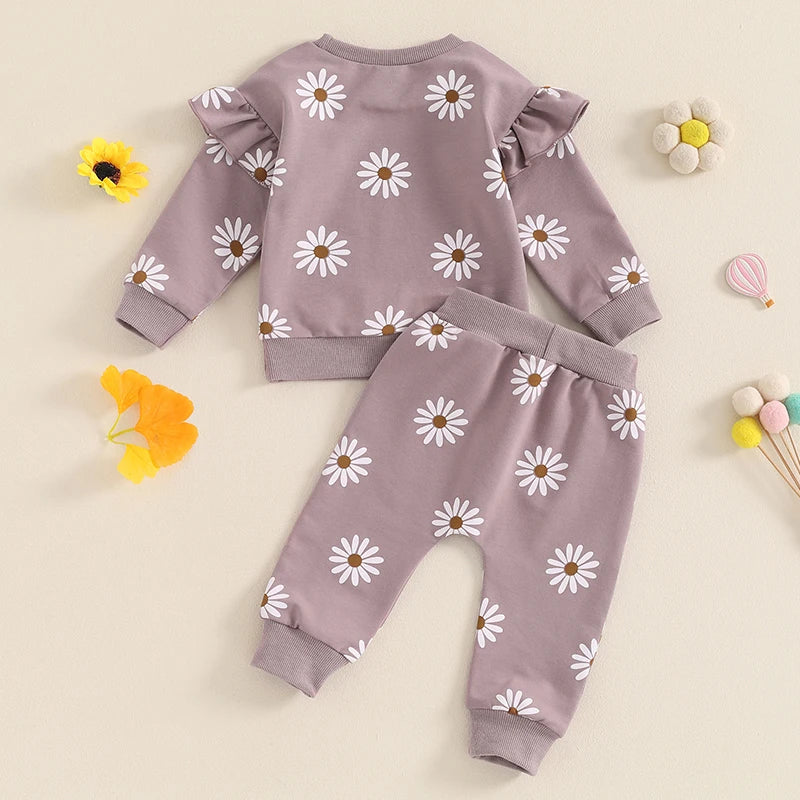 Baby Toddler Girls 2Pcs Fall Outfit Daisy Flower Print Long Sleeve Top with Elastic Waist Pants Set