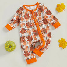 Load image into Gallery viewer, Baby Boys Girls Thanksgiving Romper Turkey Print Contrast Color Checkered Long Sleeve Fall Jumpsuit
