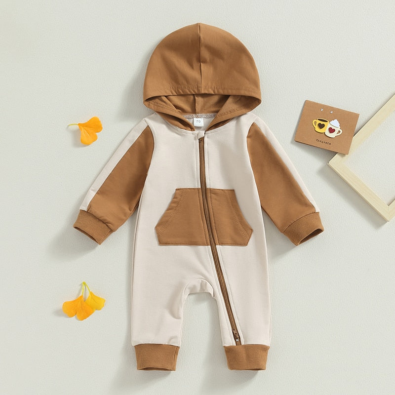 Baby Boy Girl Full Length Jumpsuit Contrast Color Hood Long Sleeve Romper with Zipper