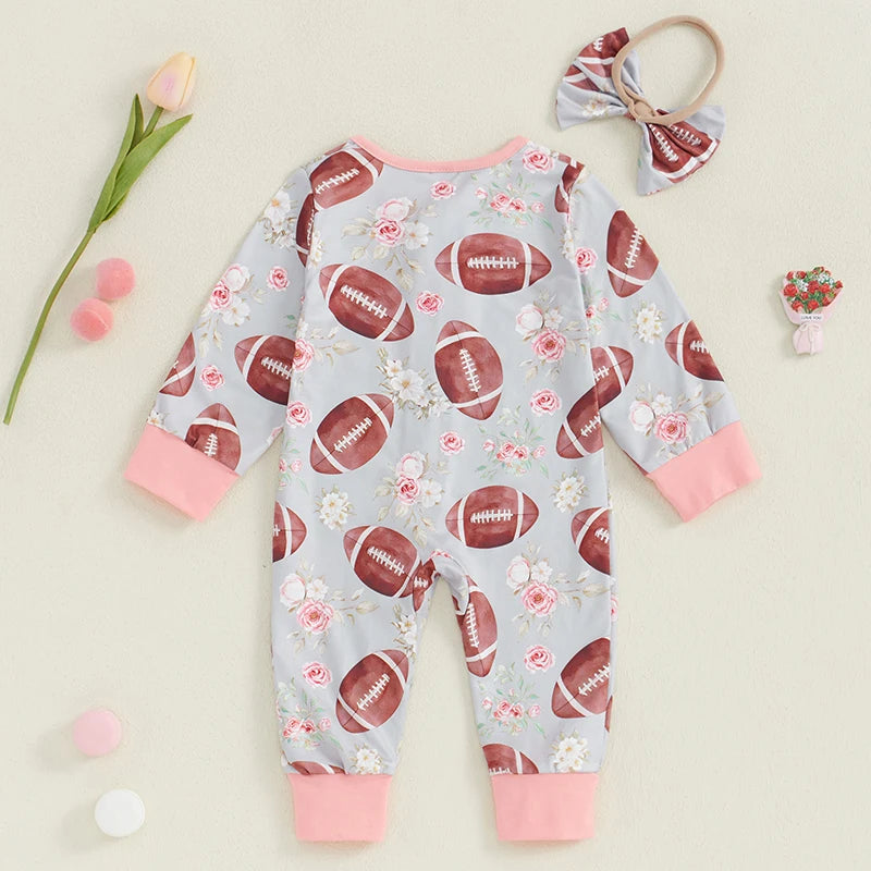 Baby Girl 2Pcs Fall Outfit Long Sleeve Football Flower Print Jumpsuit Zipper Romper with Headband Bow Set