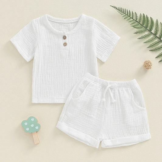 Baby Toddler Boys Girls 2Pcs Short Sleeve Button Front Solid Color Top and Shorts Outfit Set