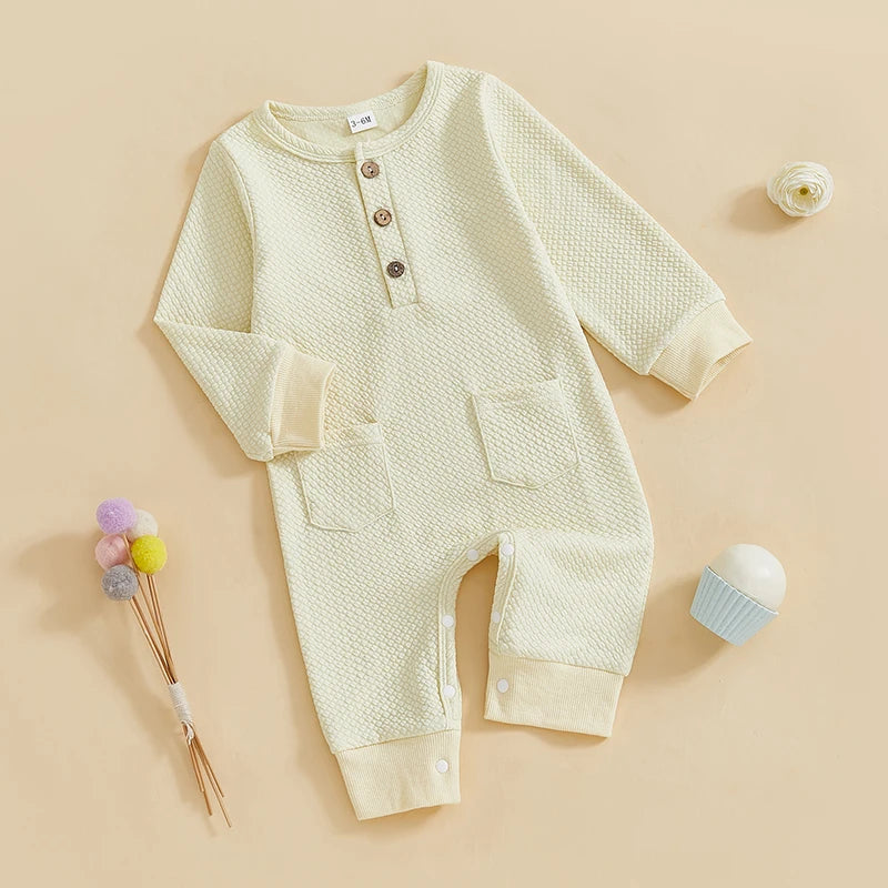 Baby Girls Boys Romper Solid Color Buttons Pockets O-Neck Long Sleeve Spring Jumpsuit