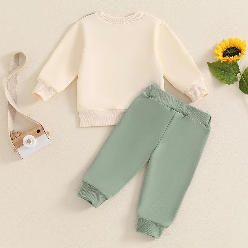 Baby Toddler Boys 2Pcs Fall Outfit Long Sleeve Contrast Color Crewneck Top + Solid Pants Set