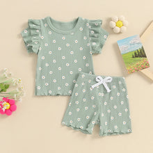 Load image into Gallery viewer, Baby Toddler Girls 2Pcs Summer Shorts Set Short Sleeve Crewneck Ruffle Sleeve Flowers Floral Print Top Shorts Outfit
