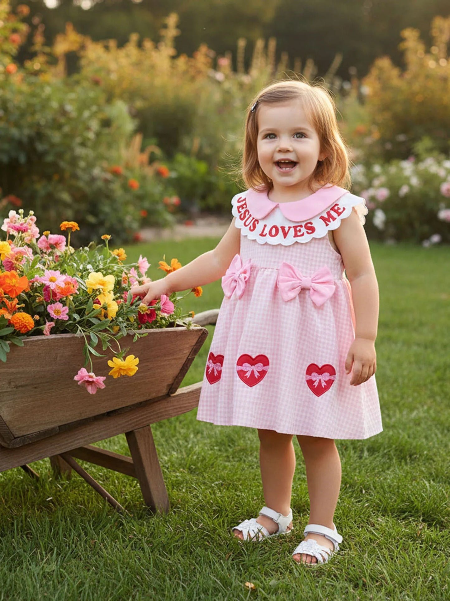 Baby Toddler Girls A-line Dress Valentine's Day Jesus Loves Me Sleeveless Doll Collar Letter Heart Embroidery Plaid Dress