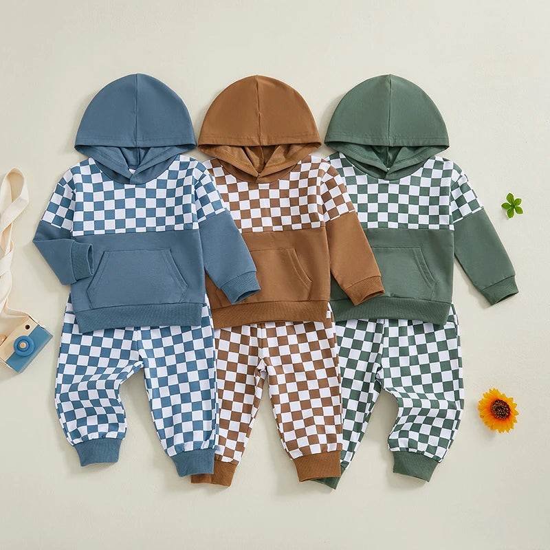 Baby Toddler Boys 2Pcs Outfit Checker Print Long Sleeve Hooded Top Hoodie with Elastic Waist Long Pants Jogger Set