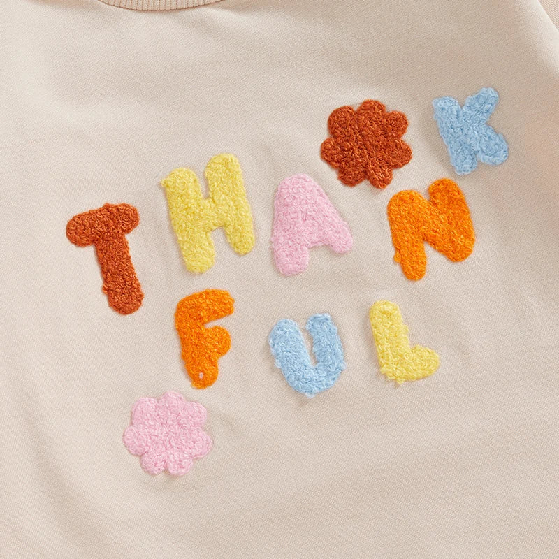 Baby Girls Thanksgiving Thankful Bubble Romper Letter Floral Embroidery O-Neck Long Sleeve Jumpsuit