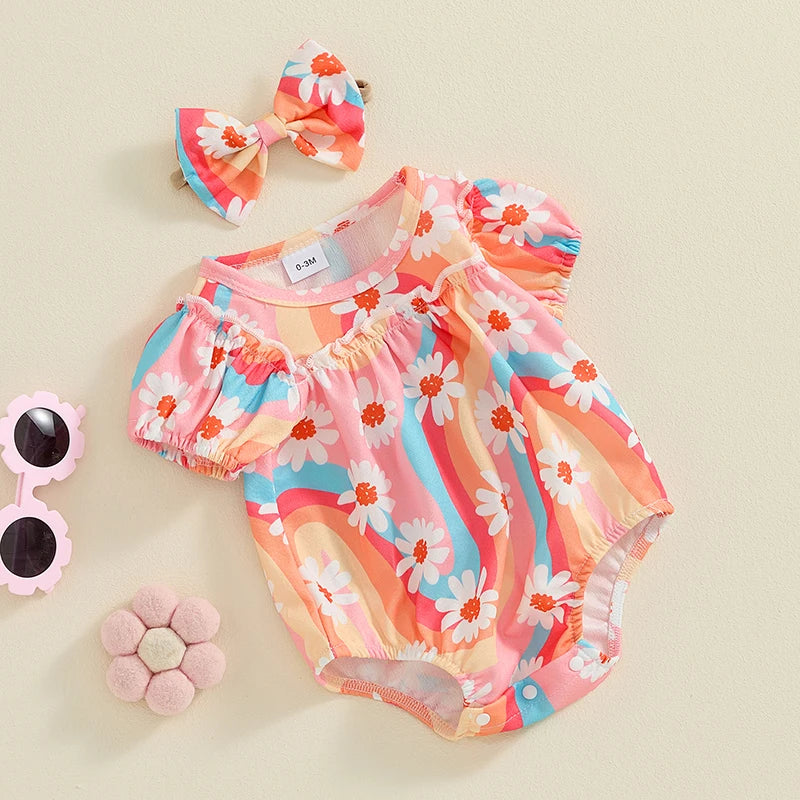 Baby Girls 2Pcs Outfit Short Sleeve Crew Neck Flower Print Bodysuit with Bow Headband Summer Clothes Set