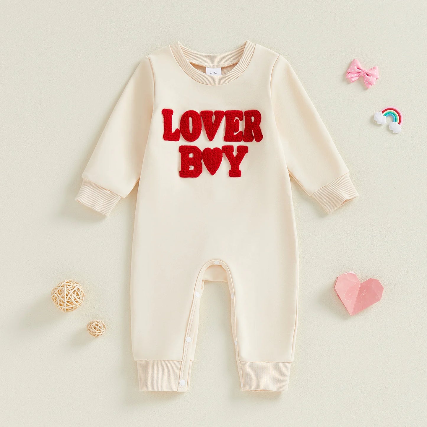 Baby Boy Lover Boy Romper Letter Embroidery Crew Neck Long Sleeve Jumpsuit Valentine's Day
