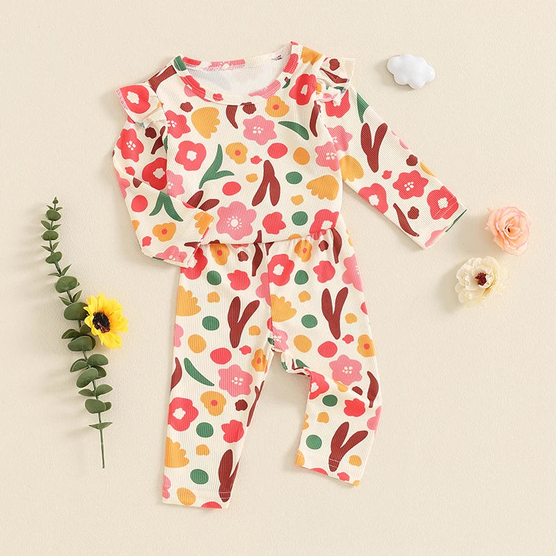 Baby Toddler Girls 2Pcs Flower Print Long Sleeve Top with Matching Pants Set Outfit