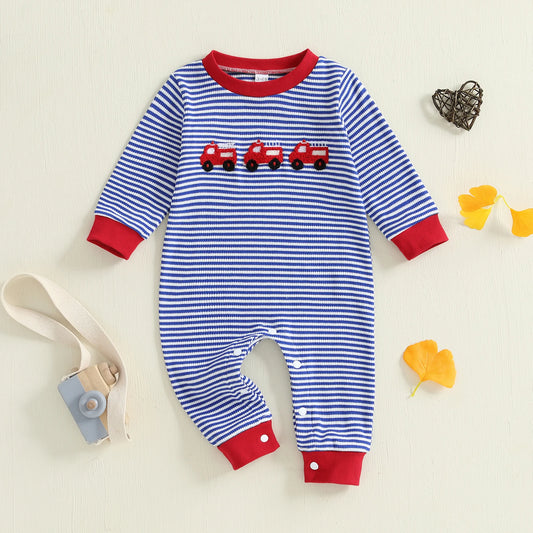 Baby Boy Fall Romper Striped Fire Truck Embroidered Crewneck Long Sleeve Full Length Jumpsuit