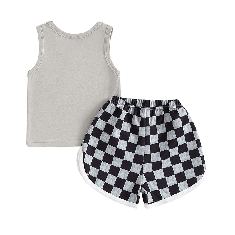 Baby Toddler Boys 2Pcs Sleeveless Tank Top with Pocket and Checkerboard Print Shorts Set Outfit