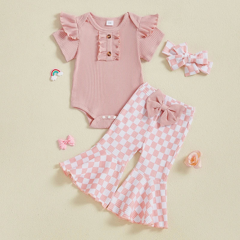 Baby Girls 3Pcs Summer Spring Clothes Solid Ribbed Short Sleeve Romper with Checkered Print Flare Long Pants and Headband Set