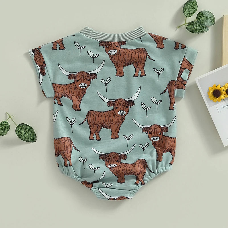 Baby Boys Western Romper Short Sleeve Highland Cow Print Jumpsuit Clothes Bodysuit