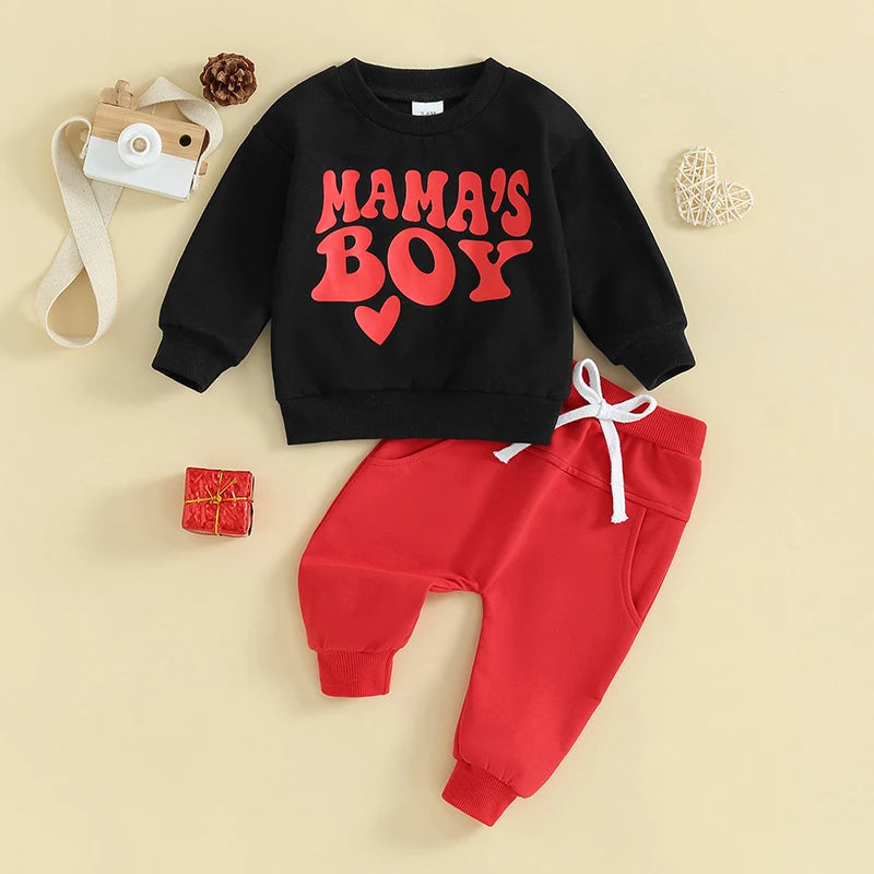 Baby Toddler Boy 2Pcs Valentine's Day Outfit Mama's Boy Heart Print Crewneck Top Jogger Pants Set