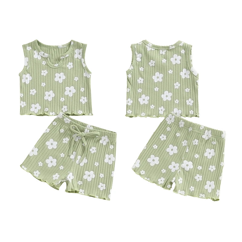 Baby Toddler Kids Girls 2PCS Sleeveless Round Neck Floral Flowers Print Tank Top with Elastic Waist Shorts Set