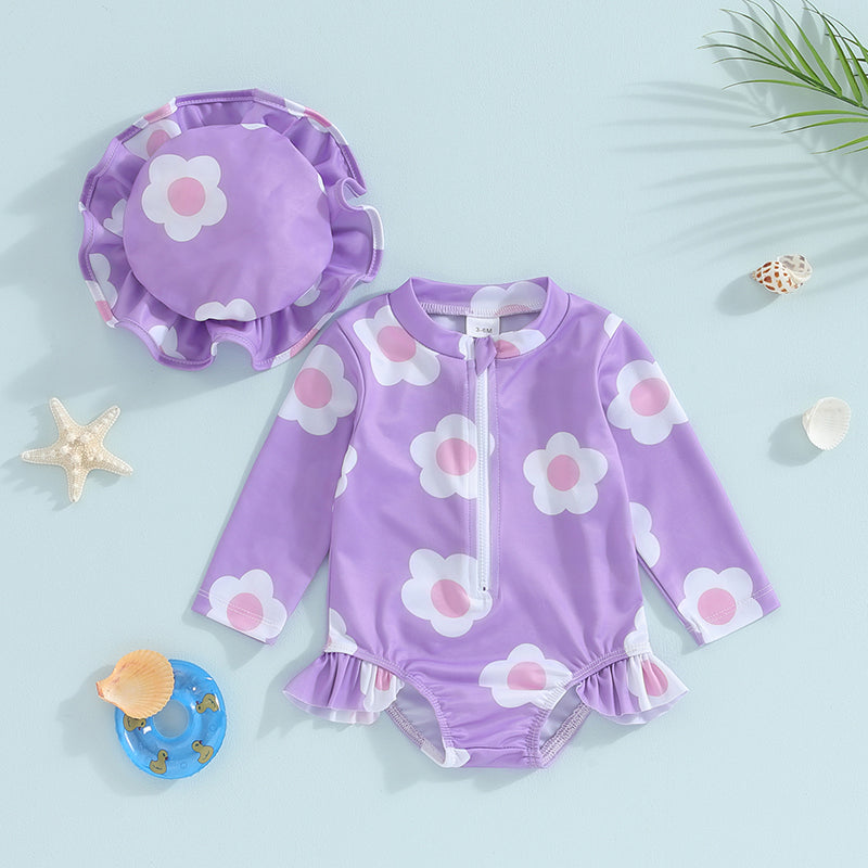 Baby Toddler Girls 2Pcs Swimsuit with Hat Flower Print Long Sleeve Ruffles Round Neck Front Zipper Bathing Suit Set